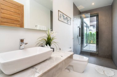 Modern banyo, musluk banyosu ve lüks villa küveti.