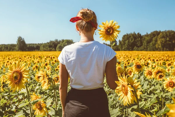 Menina hippie elegante bonita no campo de girassol — Fotografia de Stock