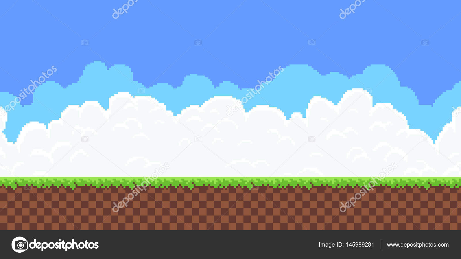 Céu de grama e fundo de pixel de jogo de nuvem