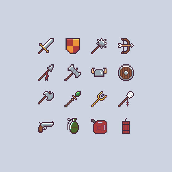 Pixel weapons icon set