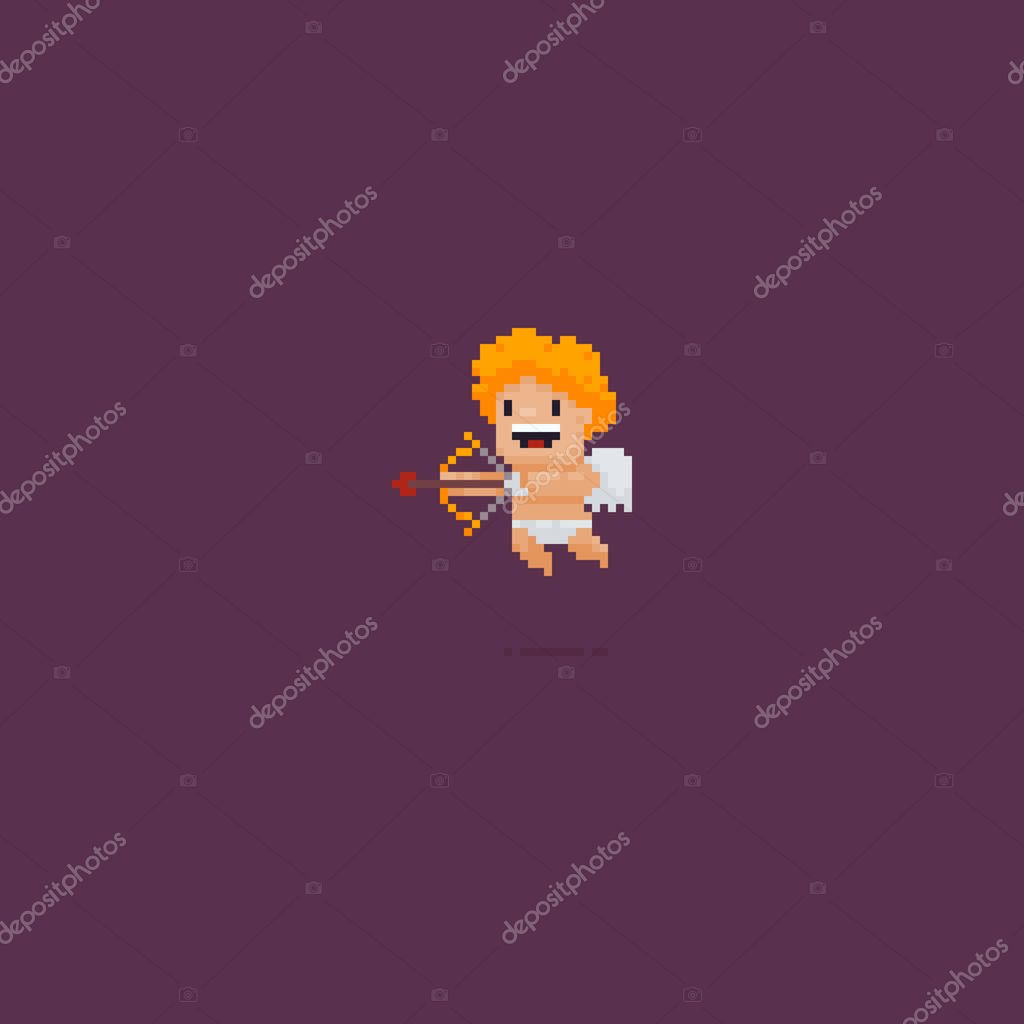 Pixel art smiling Cupid holding a bow with a heart shaped arrow