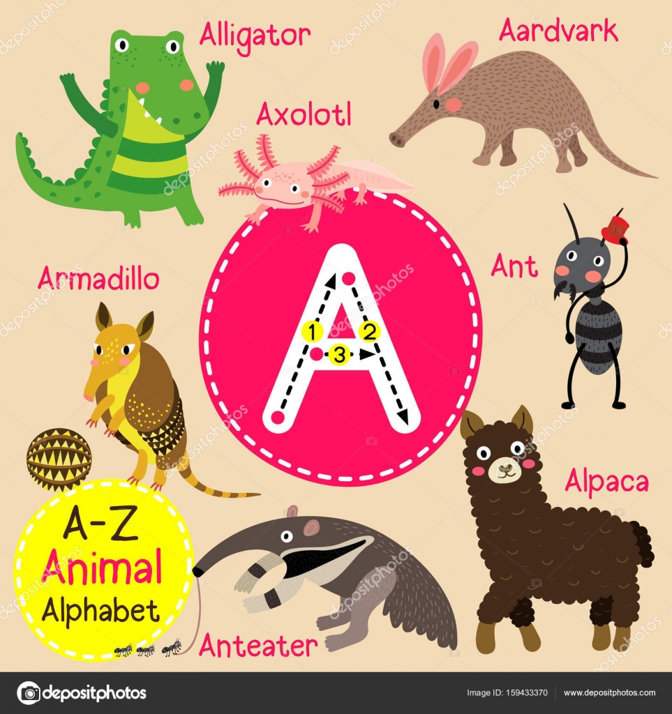Cute children zoo alphabet A letter tracing of funny ...