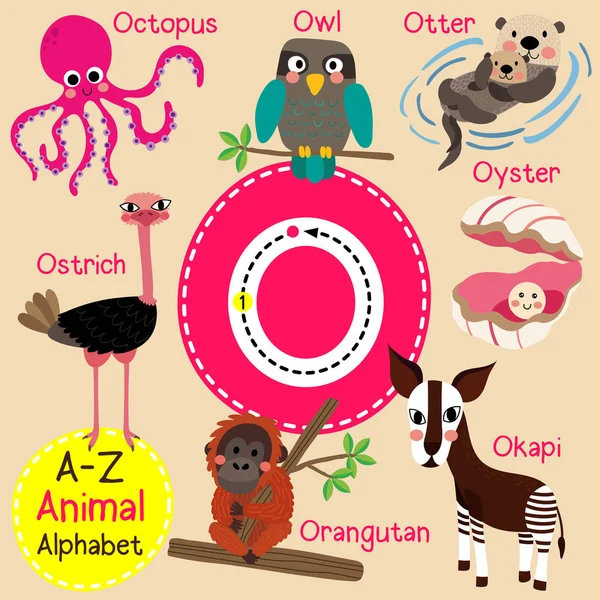 Grazioso bambini zoo alfabeto O lettera tracciamento di divertente animale cartone animato per bambini imparare inglese vocabolario vettore illustrazione . — Vettoriale Stock