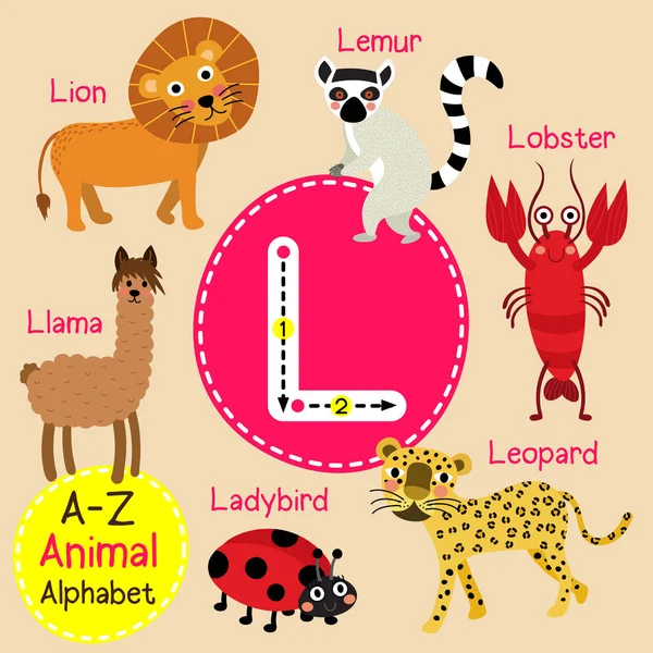 귀여운 어린이 동물원 알파벳 L 문자 추적 벡터 일러스트 영어 어휘를 학습 하는 아이 들을 위한 재미 있은 동물 만화. — 스톡 벡터