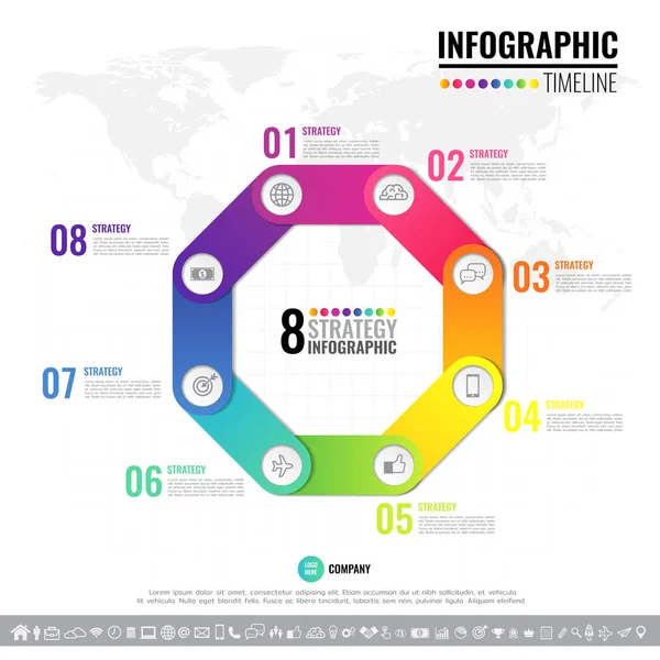 Geometrik Infographics tasarım şablonu 8 adımlar, Seçenekler veya işlemleri için döngü diyagramı, grafik, sunum ve grafik simge seti ile vektör.