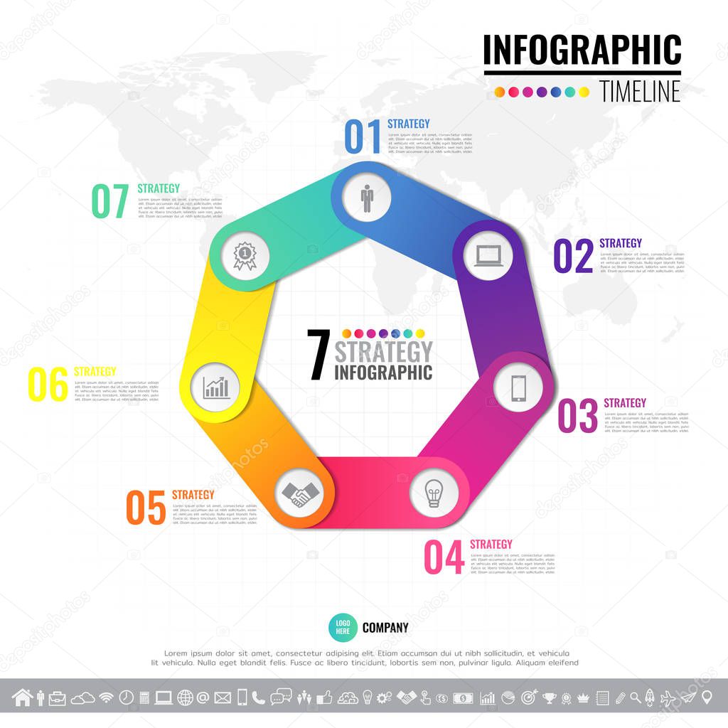 Vector geometric Infographics design template in 7 steps, options or processes for cycle diagram, graph, presentation and chart with icon set.