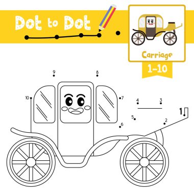 1-10 'u saymayı ve el yazısı alıştırmasını öğrenmekle ilgili okul öncesi çocuk aktiviteleri için şirin Carriage çizgi film taşımacılığının nokta nokta eğitim oyunu ve boyama kitabı. Vektör İllüstrasyonu.