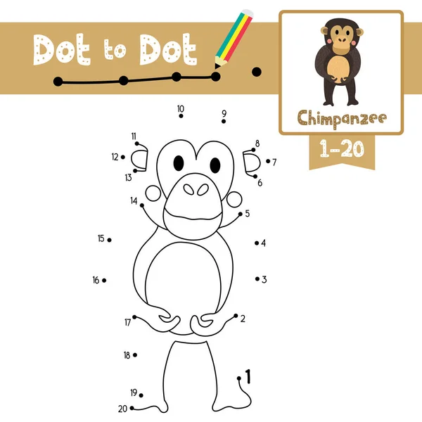 ドットToドット教育ゲームや就学前の子供のためのチンパンジーの動物の漫画のキャラクターのぬり絵の本は 数を学ぶことについての活動1 20と手書きの練習ワークシート ベクターイラスト — ストックベクタ