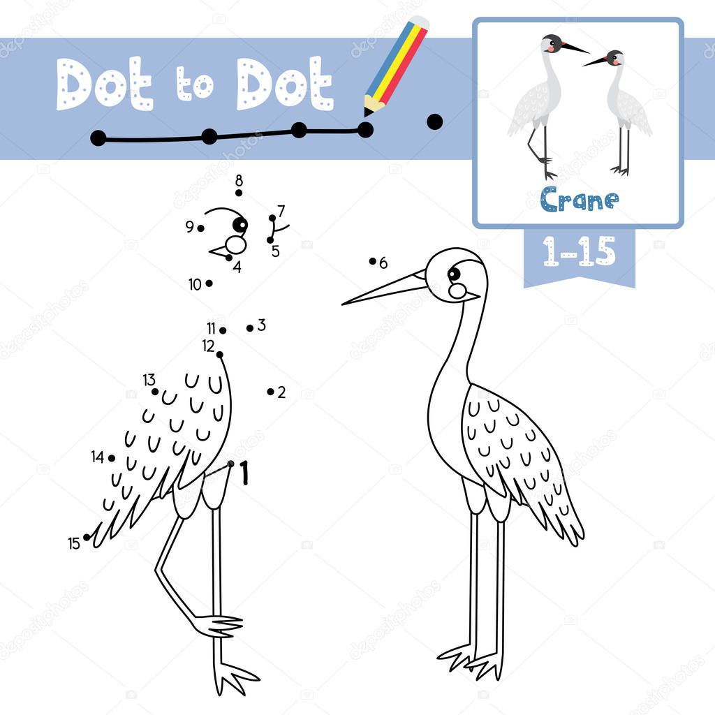 Dot to dot educational game and Coloring book of Standing Crane bird animals cartoon character for preschool kids activity about learning counting number 1-15 and handwriting practice worksheet. Vector Illustration.