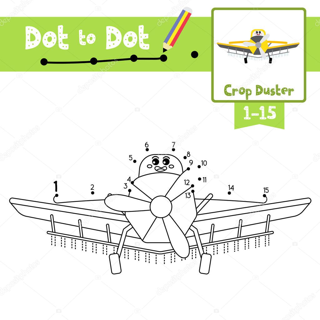 Dot to dot educational game and Coloring book of cute Crop Duster cartoon transportations for preschool kids activity about learning counting number 1-15 and handwriting practice worksheet. Vector Illustration.