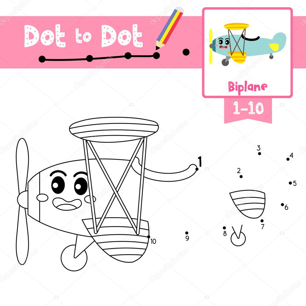 Dot to dot educational game and Coloring book of cute Biplane cartoon transportations for preschool kids activity about learning counting number 1-10 and handwriting practice worksheet. Vector Illustration.