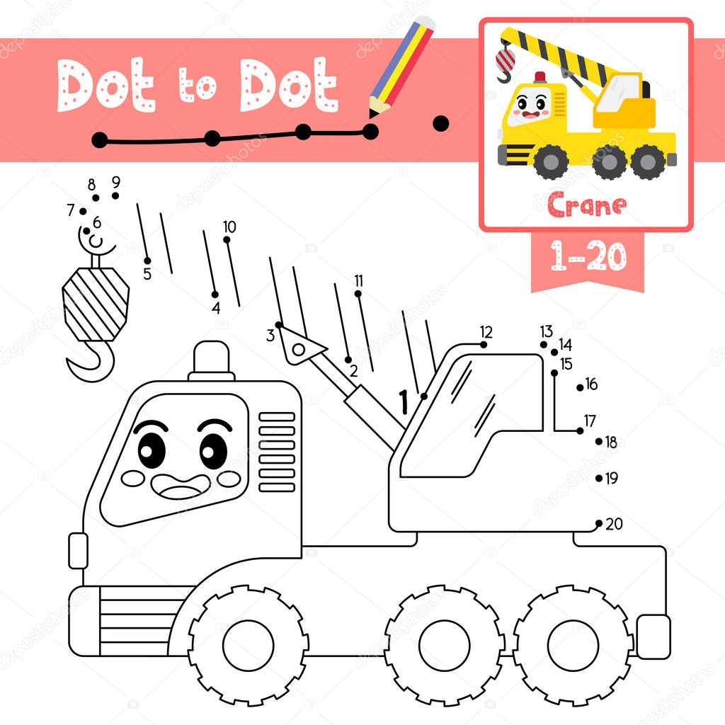 Dot to dot educational game and Coloring book of cute Crane cartoon transportations for preschool kids activity about learning counting number 1-20 and handwriting practice worksheet. Vector Illustration.
