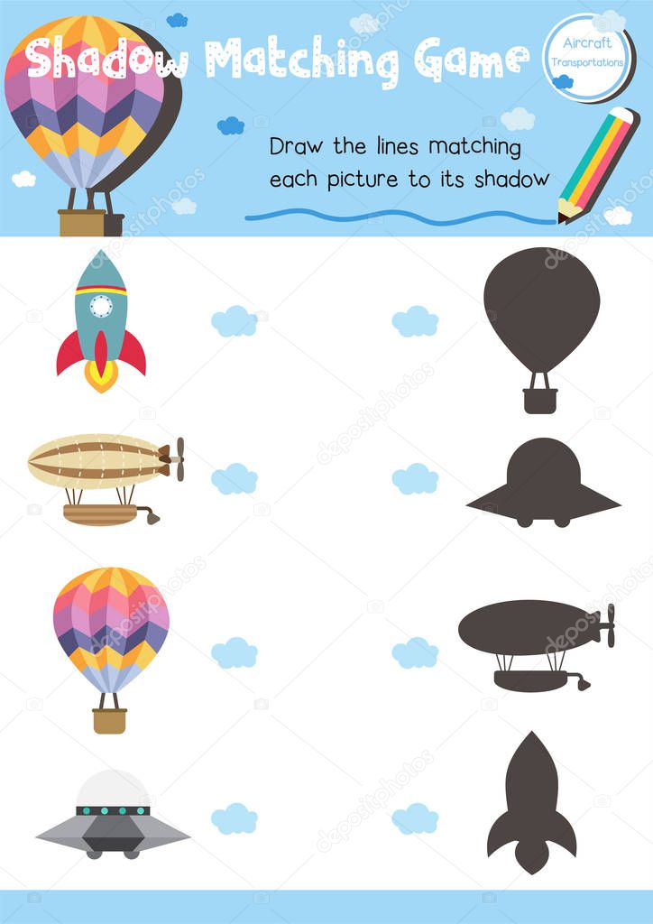 Shadow matching game for preschool kids activity worksheet in Transportation theme colorful printable version layout in A4.