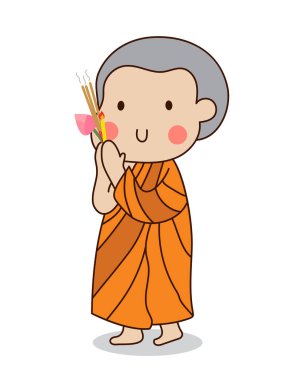 Buda, Dhamma, Sangha) vektör ilüstrasyonuna saygı göstermek için elinde mumlarla bir tapınağın etrafında yürüyen Budist çaylak. Beyaz arkaplanda izole.