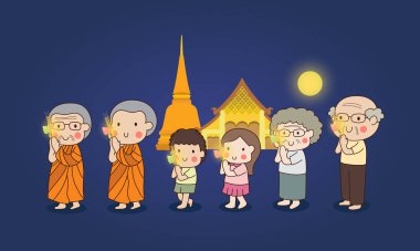 Buda, Dhamma, Sangha) vektör ilüstrasyonuna saygılarını sunmak için elinde mumlarla bir tapınağın etrafında yürüyen Budist.. 