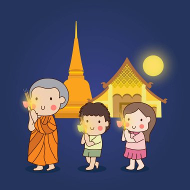Buda, Dhamma, Sangha) vektör ilüstrasyonuna saygılarını sunmak için elinde mumlarla bir tapınağın etrafında yürüyen Budist.. 