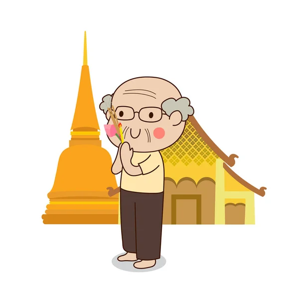 Hombre Anciano Budista Caminando Con Velas Encendidas Mano Alrededor Templo — Vector de stock