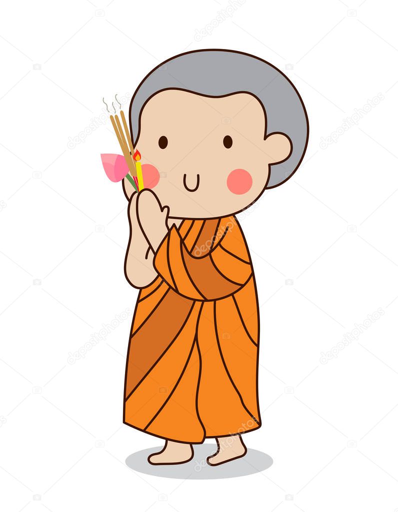 Buddhist novice walking with lighted candles in hand around a temple to pay respect to the Triple Refuges (Buddha, Dhamma, Sangha) vector illustration. Isolated on white background.