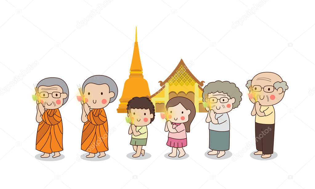 Buddhist walking with lighted candles in hand around a temple to pay respect to the Triple Refuges (Buddha, Dhamma, Sangha) vector illustration. Isolated on white background.