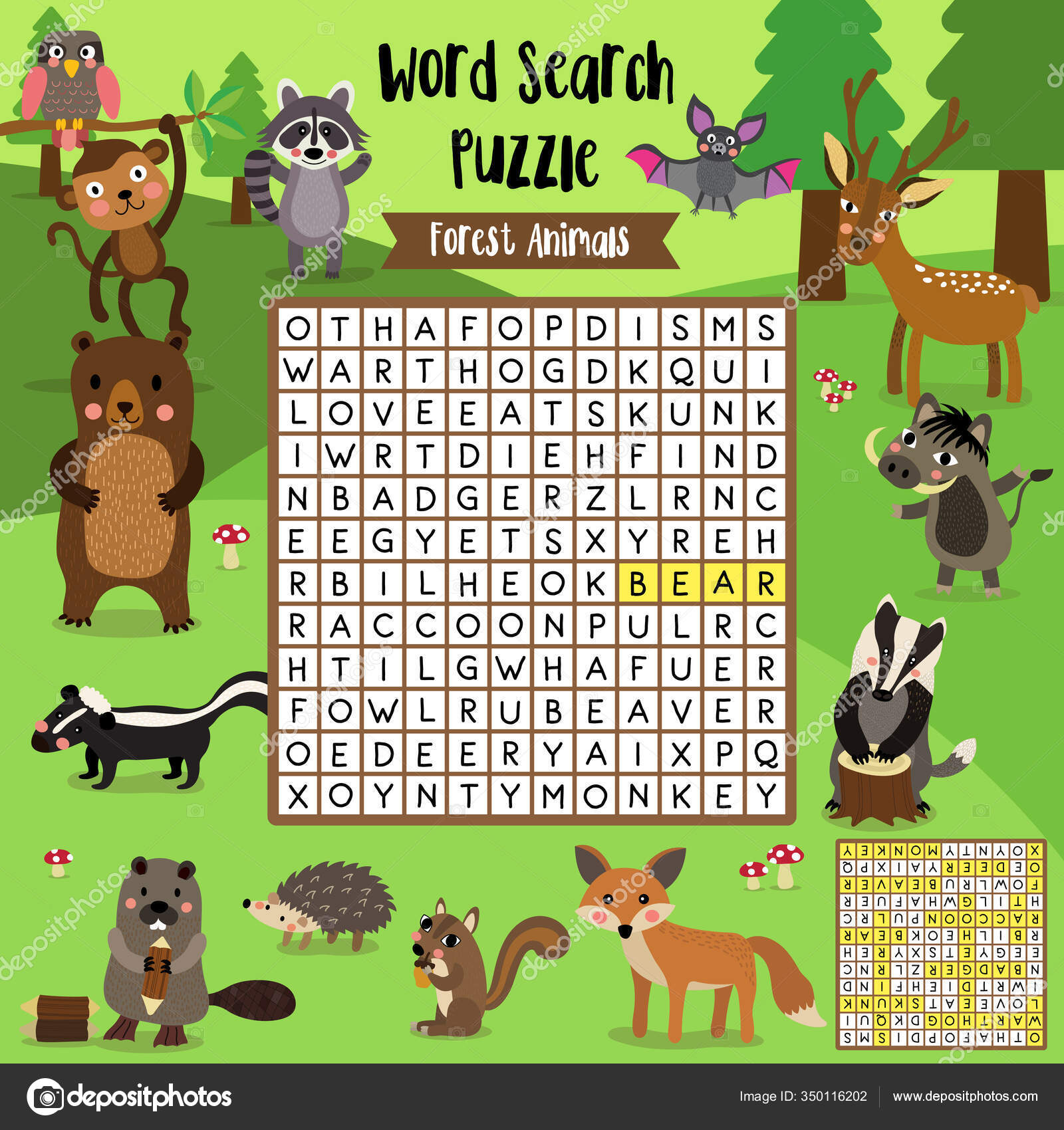 Words Search Puzzle Game Forest Animals Preschool Kids Activity Worksheet  Stock Vector Image by ©natchapohn #350116202