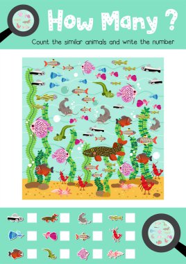 A4 renkli basılabilir versiyonu ile okul öncesi çocukların faaliyet çizelgeleri için tatlı su hayvanları oyunu sayılıyor. Vektör İllüstrasyonu.