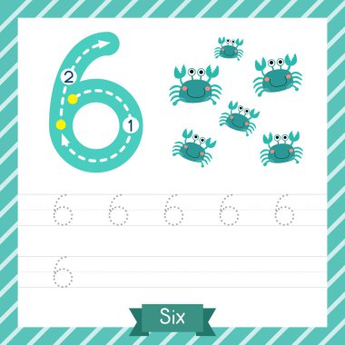 Number six tracing practice worksheet with 6 crabs for kids learning to count and to write. Vector Illustration. clipart