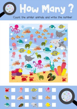 Counting game of ocean animals for preschool kids activity worksheet layout in A4 colorful printable version. Vector Illustration. clipart
