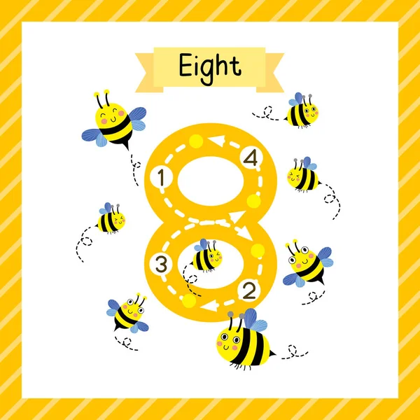 Lindos Niños Flashcard Número Ocho Rastreo Con Abejas Para Que — Vector de stock