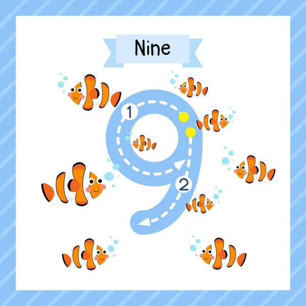 Carino Bambini Flashcard Numero Nove Tracciamento Con Clownfish Bambini Che — Vettoriale Stock