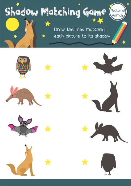 Árnyék Megfelelő Játék Éjszakai Állatok Óvodáskorú Gyerekek Tevékenység Munkalap Elrendezés — Stock Vector