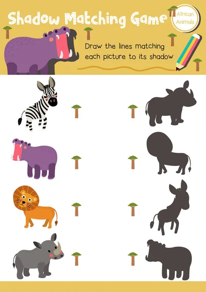 Skuggmatchning Spel Afrikanska Djur För Förskolebarn Aktivitet Kalkylblad Layout Färgglada — Stock vektor