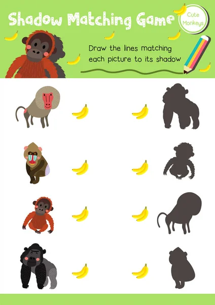 Shadow Matching Game Primate Monkey Animals Preschool Kids Activity Worksheet — Stock Vector