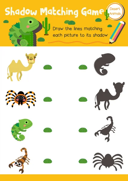 Shadow Matching Game Desert Animals Preschool Kids Activity Worksheet Layout — Stock Vector