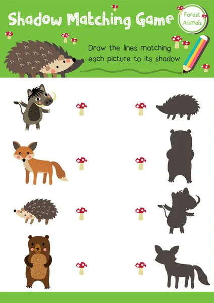 就学前の子供のための森林動物の影マッチングゲームA4カラフルな印刷版でのアクティビティワークシートのレイアウト ベクターイラスト — ストックベクタ