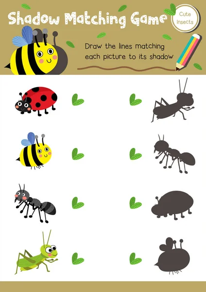 Shadow Matching Game Insect Bug Animals Preschool Kids Activity Worksheet — Stock Vector