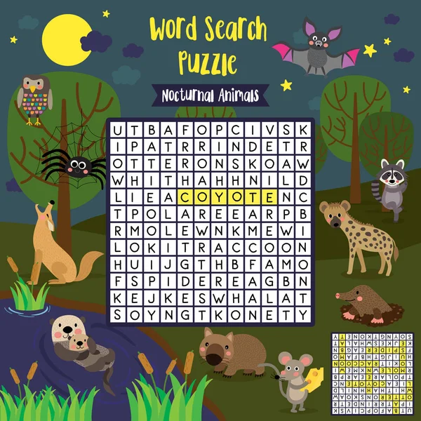 在A4彩色可打印版本中 为学龄前儿童搜索夜间动物字谜游戏活动工作表布局 病媒图解 — 图库矢量图片