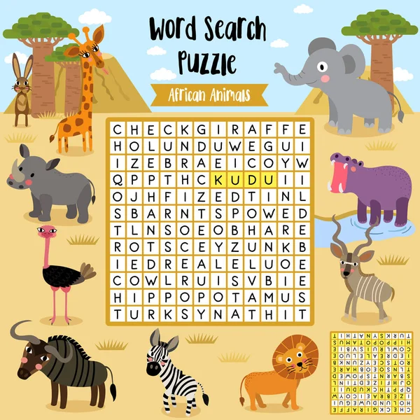 Ricerca Parole Puzzle Game African Animals Preschool Kids Activity Worksheet — Vettoriale Stock
