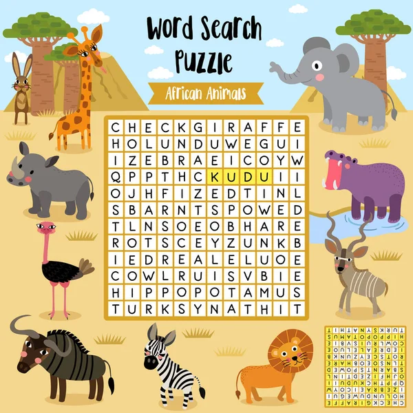 Szavak Keresés Puzzle Játék Afrikai Állatok Óvodai Gyerekek Tevékenység Munkalap — Stock Vector