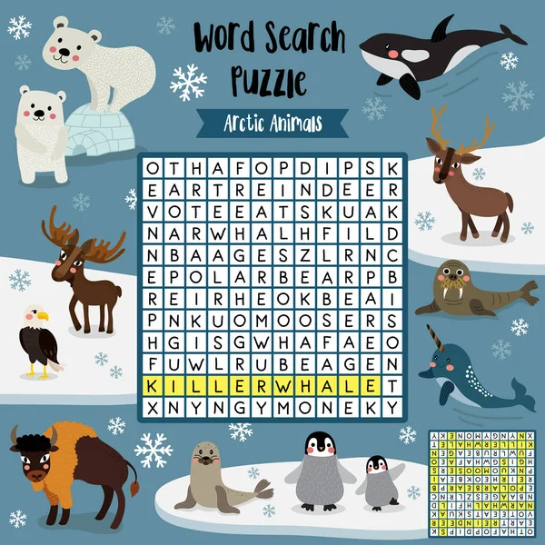 Wortsuche Puzzle Spiel Der Arktischen Tiere Für Vorschulkinder Aktivität Arbeitsblatt — Stockvektor
