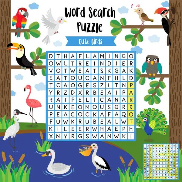 Ricerca Parole Puzzle Game Cute Birds Animals Preschool Kids Activity — Vettoriale Stock