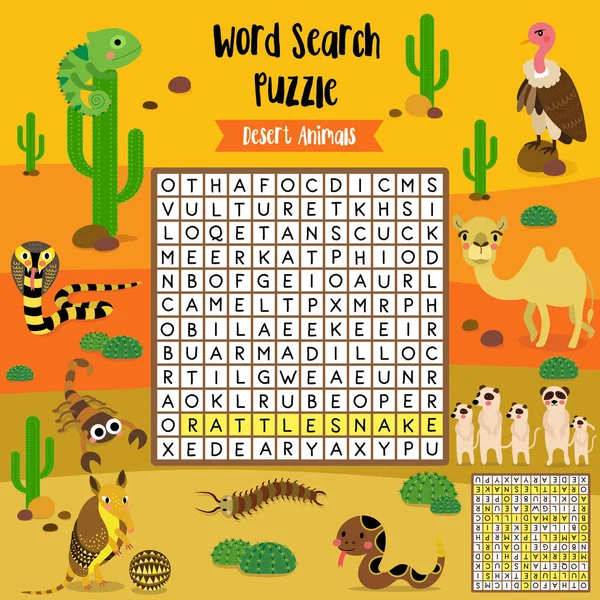 Words Search Puzzle Game Desert Animals Preschool Kids Activity Worksheet — Stock Vector