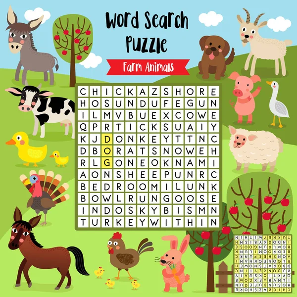 Ricerca Parole Puzzle Game Farm Animals Preschool Kids Activity Worksheet — Vettoriale Stock