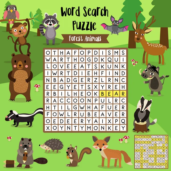 Palabras Juego Puzzle Búsqueda Animales Del Bosque Para Niños Preescolares — Vector de stock