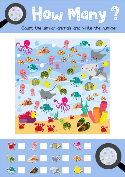 Counting Game Ocean Animals Preschool Kids Activity Worksheet Layout Colorful — Stock Vector