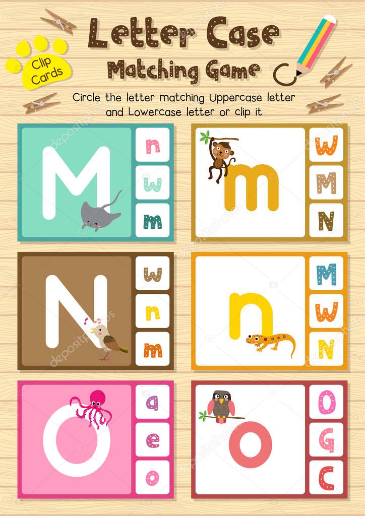 Clip cards matching game of letter case M, N, O for preschool kids activity worksheet in animals theme colorful printable version layout in A4.