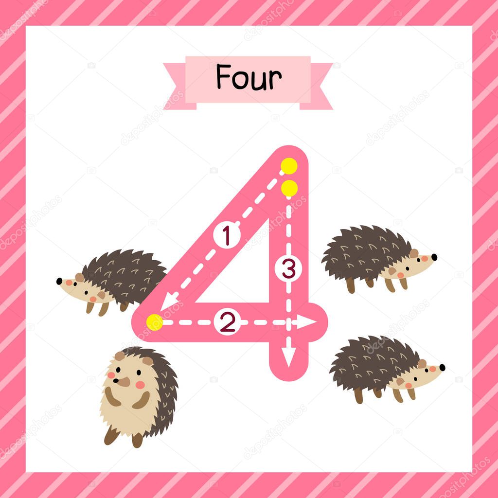 Cute children Flashcard number four tracing with 4 Hedgehogs for kids learning to count and to write.