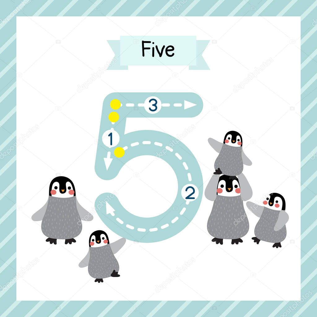 Cute children Flashcard number five tracing with 5 Penguins for kids learning to count and to write.