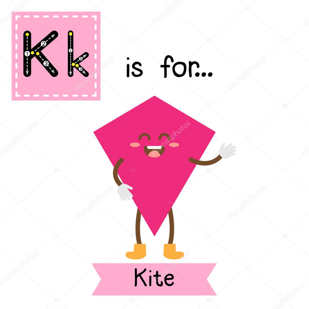 Letter K cute children colorful geometric shapes alphabet tracing flashcard of Kite for kids learning English vocabulary.