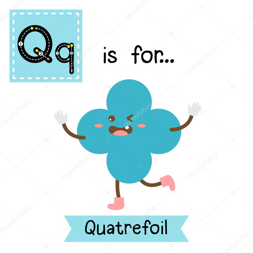 Letter Q cute children colorful geometric shapes alphabet tracing flashcard of Quatrefoil for kids learning English vocabulary.