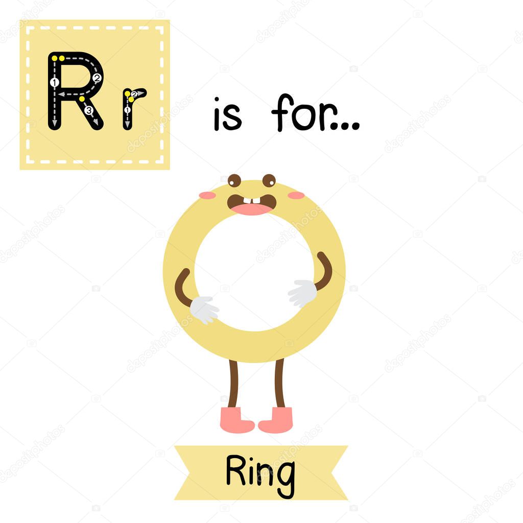Letter R cute children colorful geometric shapes alphabet tracing flashcard of Ring for kids learning English vocabulary.